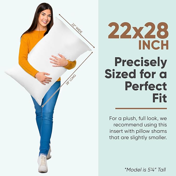 Pillowflex Synthetic Down Pillow Insert - 22x28 Down Alternative Pillow, Ultra Soft Oversized Standard Bed Sleeping Pillow, Large Rectangle Sham - 1 Decorative Pillow Form