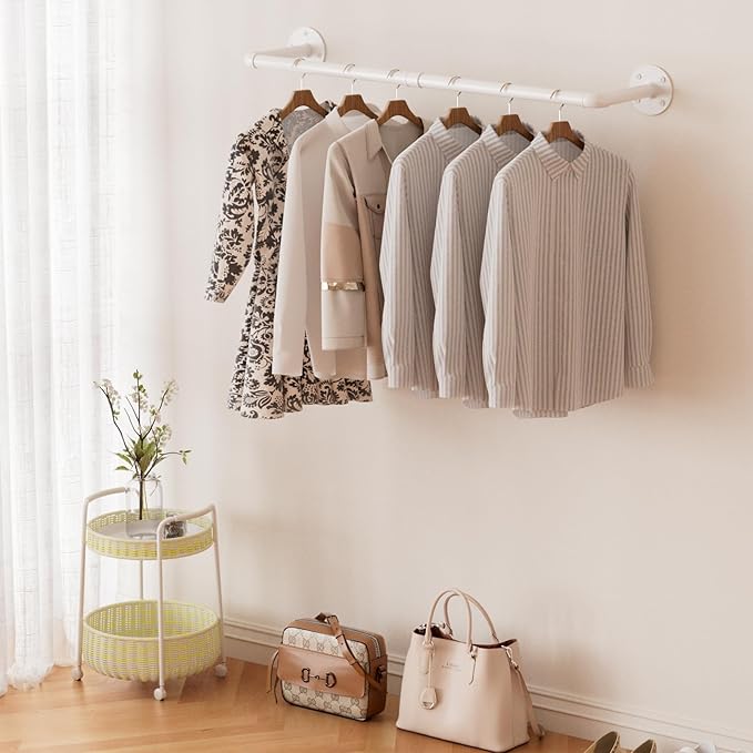 ERYTLLY Industrial Pipe Wall Mounted Clothes Rack,38 Inches Heavy Duty Detachable Garment Rack,Multi-purpose Hanging Rod for Closet,White