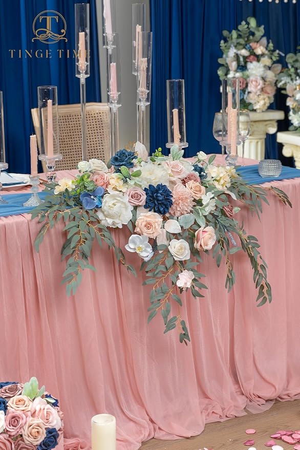 TINGE TIME Artificial Sweetheart Flower Swag with Tablecloth and Table Runner, Pack of 3 Floral Arrangement for Wedding Sweetheart Table Centerpiece Decoration (Dusty Rose & Navy Blue)