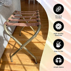 Kings Brand Furniture Anderson Folding Luggage Rack - Suitcase Stand With Storage Shelf - Folding Luggage Rack for Guest Room and Bedroom - Sturdy Portable and Stylish Metal Suitcase Stand - Gold