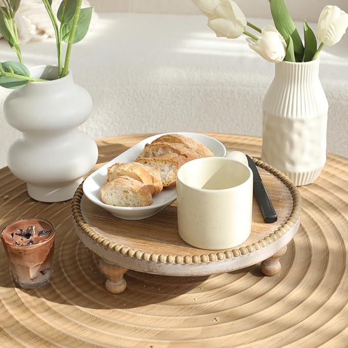 SwallowLiving Rustic Round Wood Tray Riser Farmhouse Pedestal Stand With Beaded Edge for Decor Wooden Finish Cupcake Display for Cakes and Decorative Items 11.8 inches