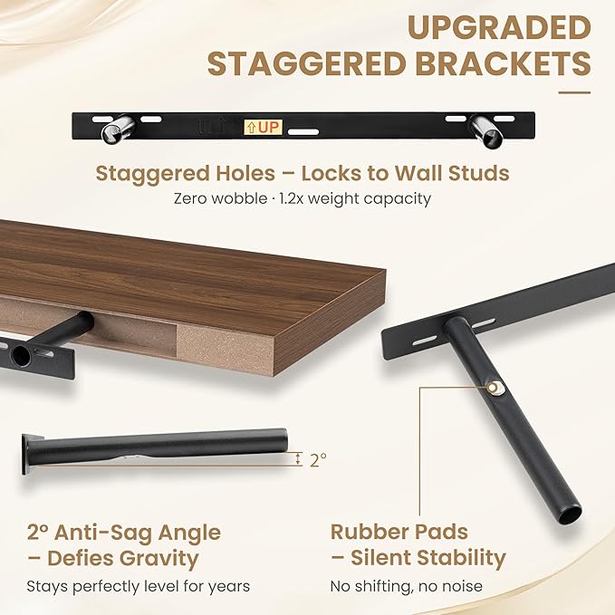 FLYJOE 24 Inch Long Floating Shelves for Wall Set of 1, 12" D Wood Grain Bathroom Shelves with Invisible Brackets, Easy Install Engineered Wood Storage Shelves for Kitchen, Living Room, Bedroom