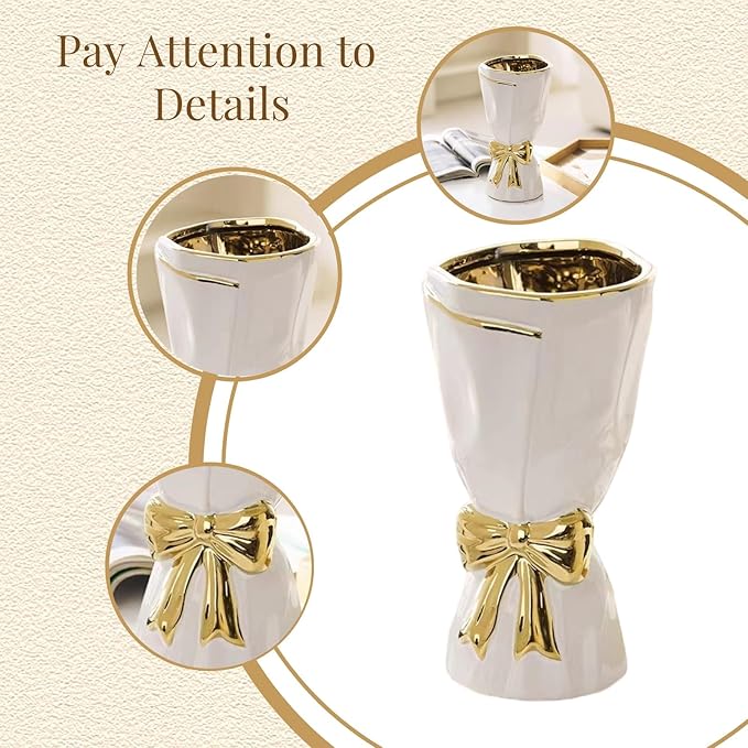 White and Gold Vase, Bow Vase for Home Decor, White Flower Vases for Boho Style, 9.65 Inch Large Vases for Ideal Table Decor, Ceramic Bouquet. （Glazed Exterior and Interior） (White, Large)