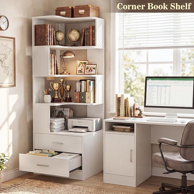 Armocity Corner Bookshelf with Drawers, 7 Tier Corner Book Shelf Display Bookcase, Freestanding L Shaped Bookshelf for Bedroom, Living Room, Home Office, White