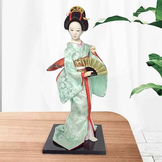 12inch Japanese Geisha Ethnic Japanese Geisha Dolls Oriental Ancient Kabuki Girl Statue Kimono Dolls for Tabletop Home Decor, Light Green