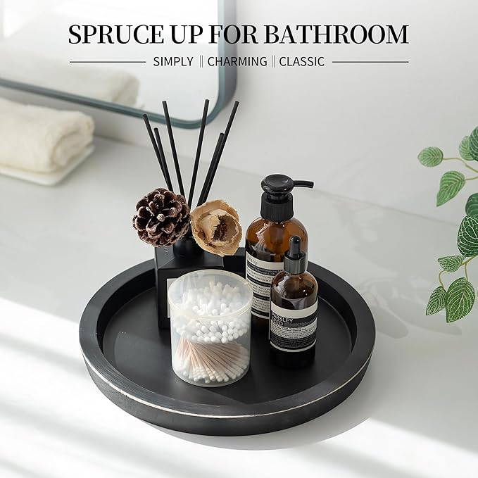 Hanobe Candle Plate Holder Tray: Round Wood Decorative Candle Plate - Rustic Farmhouse Coffee Table Decor - Tealight Pillar Trays for Home Decor (Black)