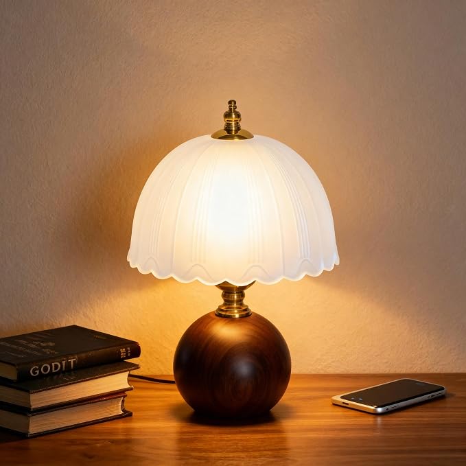 11.8“ Decorative Wooden Table Lamp with Frosted Glass Shade, Dimmable Bedside Nightstand Lamp with E26 Socket & 6ft Cord, Small Accent Lamp for Bedroom & Living Room (White)