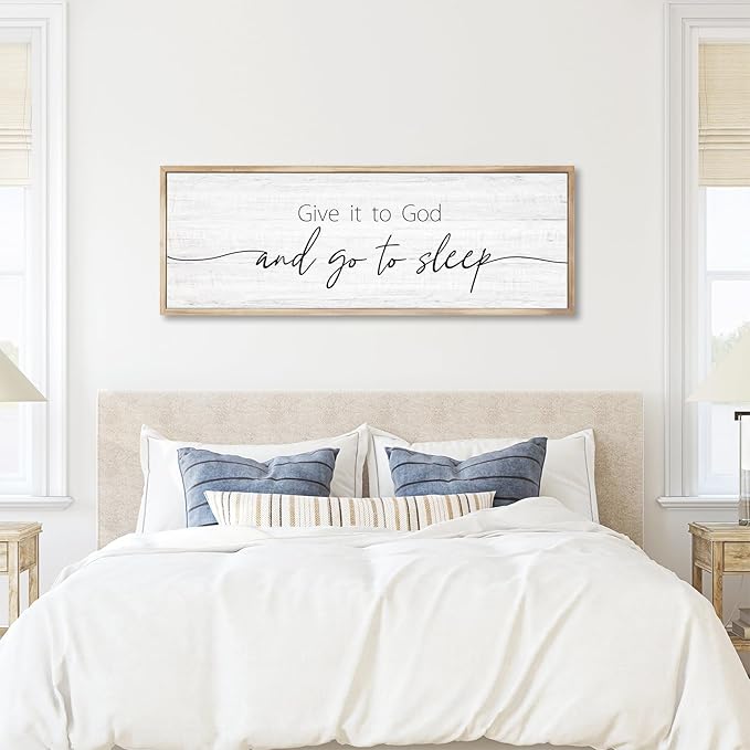 Give It to God and Go to Sleep Sign Framed Large 41''×15'' Above Bed Wall Decor for Bedroom Farmhouse Wall Decor Guest Room Decor Rustic Master Bedroom Wall Decoration Wood Wall Art (brown frame)