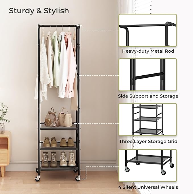 Small Clothes Rack with 3 Shelves, 72 Inches Tall Coat Garment Rack with Wheels, Display Clothing Racks for Hanging Clothes for Entryway, Hallway, Bedroom, Office, Living Room, Black