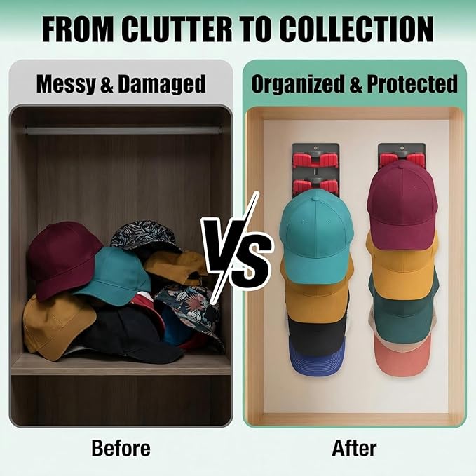 JBD Multicolor Hat Organizer for Baseball Caps, 2-Pack Wall Mounted Hat Rack Holds 20 Hats, Innovative Auto-Grip Clips Hat Holder for Closet Door & Bedroom, Damage-Free Room Decor Cap Storage