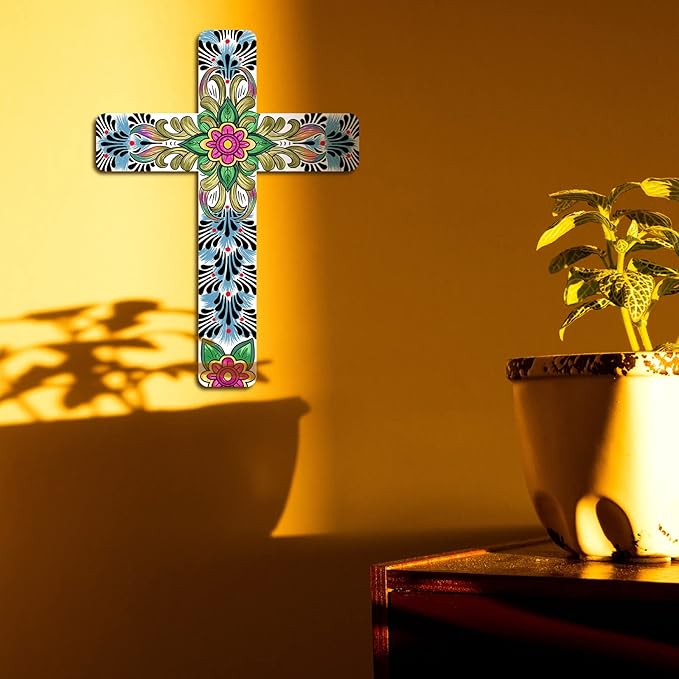 Maitys Floral Cross Wall Decor Hand Painted Decorative Inspirational Wooden Cross Mexican Art Wall Decor Mexican Crucifix for Home Room Church Decoration (Cute Style)