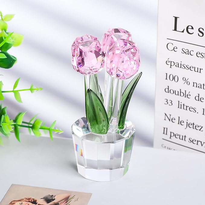 Movdyka Tulips Glass Flowers Figurines Crystal Decor Collectible Crystal Pink Flowers Bouquet Ornaments Mothers Day Tulip Gifts for Mom Women on Anniversary Wedding Christmas Valentines