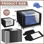 100 Pcs 50 Pack Hat Boxes with Clear Window, Foldable Black Gift Boxes for Baseball Caps, Storage, Display and Shipping (Black)