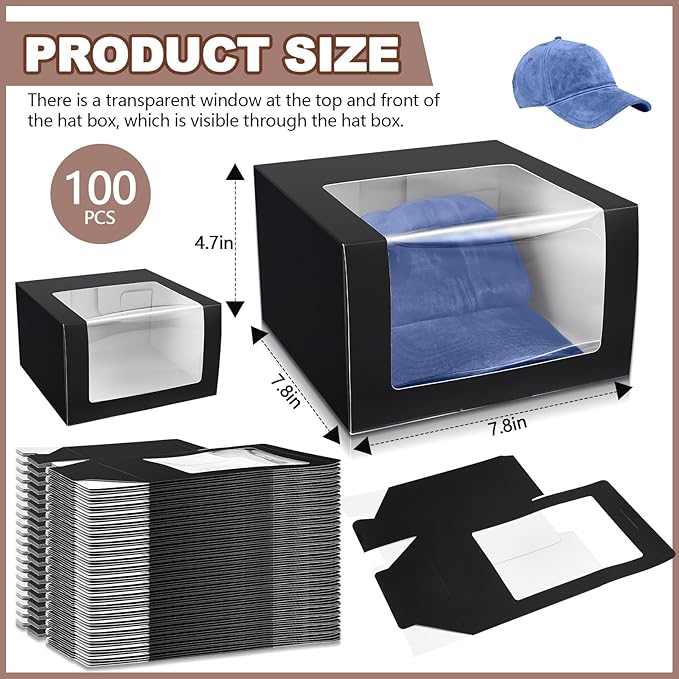 100 Pcs 50 Pack Hat Boxes with Clear Window, Foldable Black Gift Boxes for Baseball Caps, Storage, Display and Shipping (Black)
