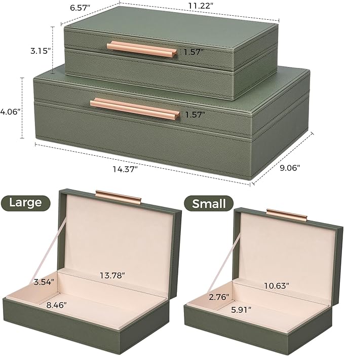 Decorative Box, Decorative Boxes with Lids 2-Set, Memory Box for Keepsakes, Beautiful PU Leather Decorative Storage Boxes in Style, Decor Box with Rose Metal Handle, Store Photos, Documents Green
