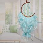 Dremisland Moon Dream Catcher with Fairy Lights-Handmade Feather Lucky Turquoise Pendant Beads Wall Hanging Ornament for Kids Bedroom Home Decoration,Art Craft Gift. (Sky Blue)