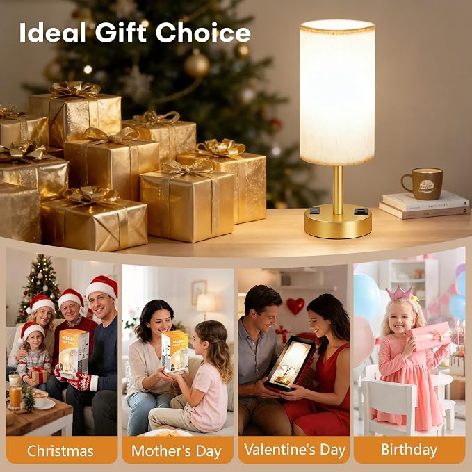 MOICO Bedside Table Lamp for Bedroom, 3-Way Dimmable Nightstand Lamp with USB C, USB A Ports & AC Outlet, Small Table Lamp Fabric Shade for Living Room Dorm Office, LED Bulb Included (14in Gold)