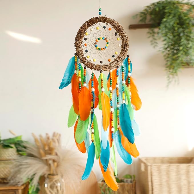 Dream Catcher Native American Boho Dreamcatcher Rattan Wall Decor, Handmade Natural Goose Feathers Blue Beaded Hanging Wall Art Indian Decor for Bedroom Living Room