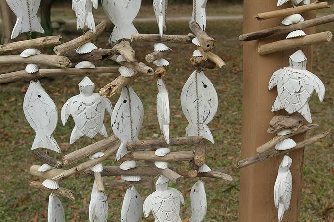 Natural Driftwood Beach Mobile, Coastal Wood Sea Turtle Fish - Beach Gems - 6 mobiles