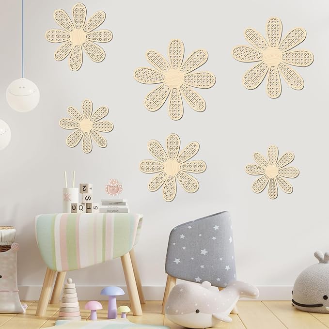 Thyle 6 Pcs Boho Daisy Wall Decor Natural Rattan Flower Wall Hanging Art Wooden Boho Art Nursery Decor Daisy Signs Flowers Farmhouse Hanging Decoration for Home Office Nursery