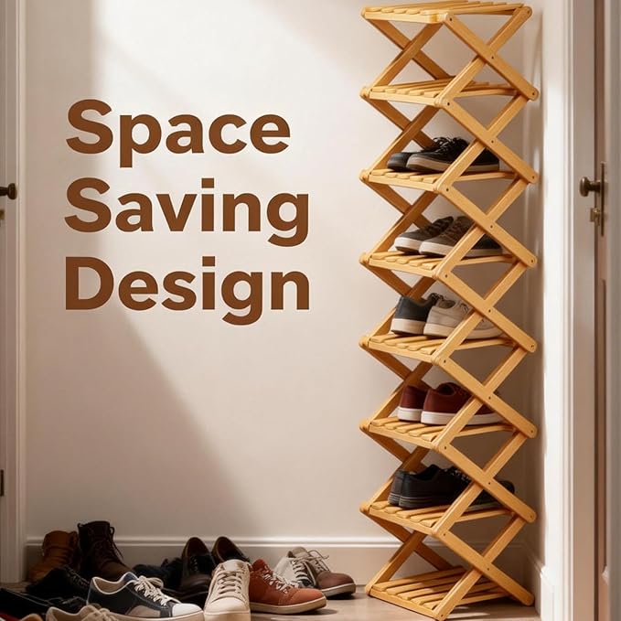 2/3/4/5/6/7/8/9 Tier Bamboo Folding Shoe Rack,2026 New Bamboo Foldable Shoe Rack,no Installation Required,Vertical Multi-Layered Organizer,Space-Saving for Entryways& Balconies (Brown, 7)