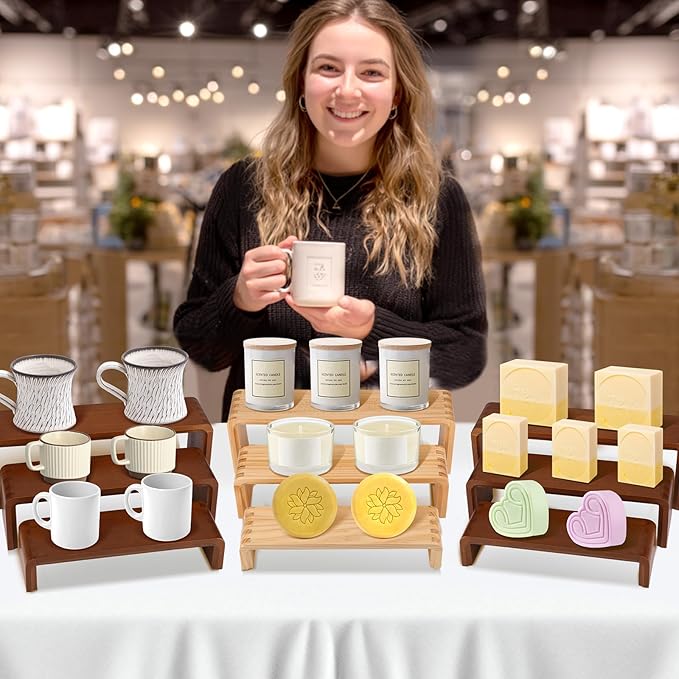 2 Sets, 6 PCS Total, Wood Risers Display Stand, Cupcake Dessert Cake Stand, Wooden Cologne Perfume Stands, Wood Riser for Kitchen Counter, Vendor Booth Display Items, Size: 9.4in, 10.6in, 11.8in (Walnut Color)