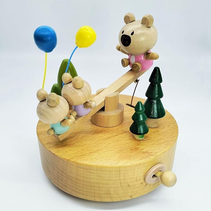 Natural Solid Wood Handcrafted Beech Wooden, Musical FigureTotoro/Carousel/Fairy/Ballerina Figurine,Rotating Hand Crank Mechanism Music Box,Musical Decorations (Seesaw)
