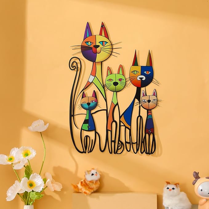 Wesiti Cat Wall Art Decor Iron Wall Sculptures Decor for Cats Lover 10.6 x 15.7 Inches Colorful Mid Century Cat Retro Signs for Home Living Room Bedroom Kitchen Office(Glamorous)