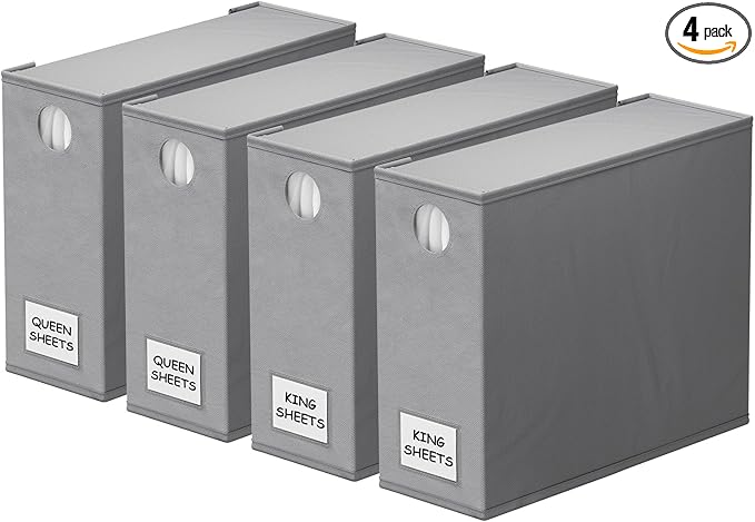 SpaceAid 4 Pack Bed Sheet Organizers and Storage, Foldable Organizer for Linen Closet, Sheets Set Folder Keeper with Window XL (Queen & King Size) Organizing Bedding Container, Gray 91ZDSN-SL01-G4
