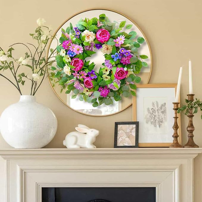 Spring Wreaths for Front Door Outside 24 Inch Spring Door Wreath with Pink Peony,Rose and Blue Hydrangeas, Handmade Silk Summer Wreaths for Front Door Home Wall Window Proch Seasonal Decor