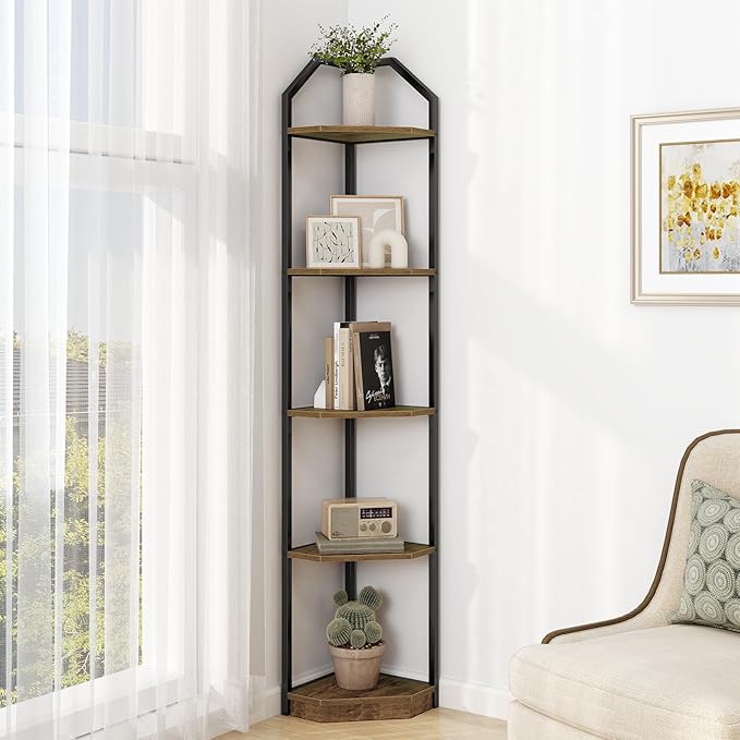 5 Tier Corner Wall Shelf Stand, 70" Metal Corner Shelves Bookshelf Display Shelf for Living Room Decor, Tall Plant Stand Multi Unit Organizer, Standing Shelf for Bedroom,Bathroom,Small Space (Brown)