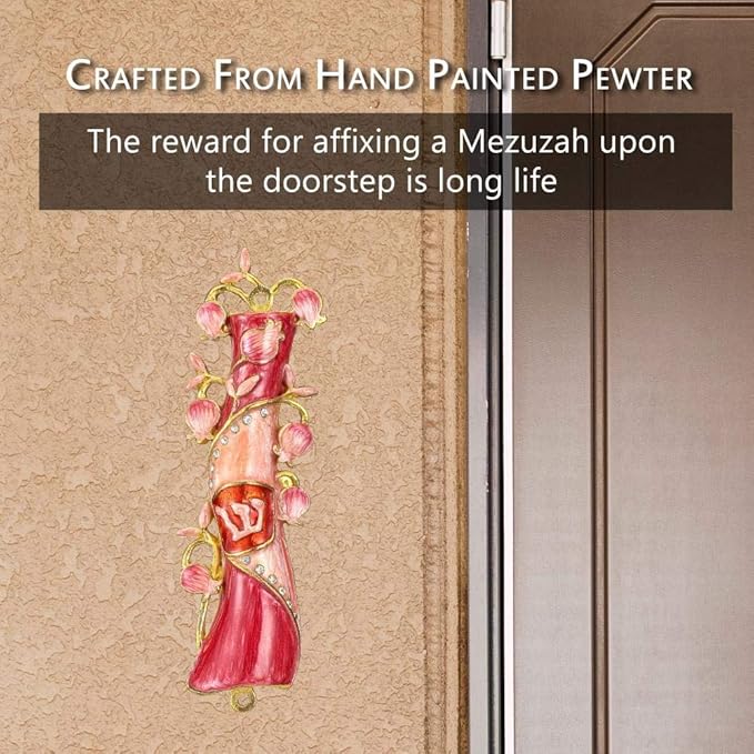 Matashi Hand Painted Mezuzah Gold Plated and Crystals (Red & Pink Enamel Mezuzah)