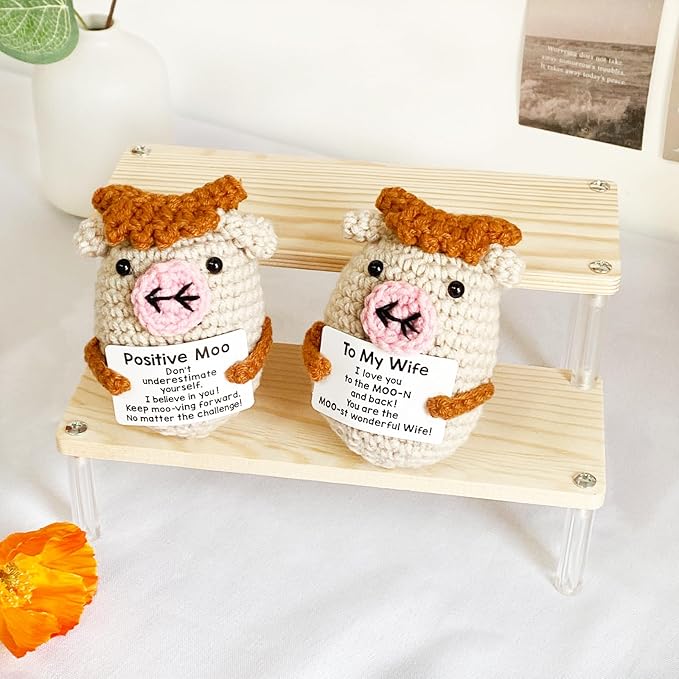 Positive Crochet Cow, Cute Positive Crochet Animal Decoration, Emotional Support Gift for Wife Women Men Coworker Friends Family