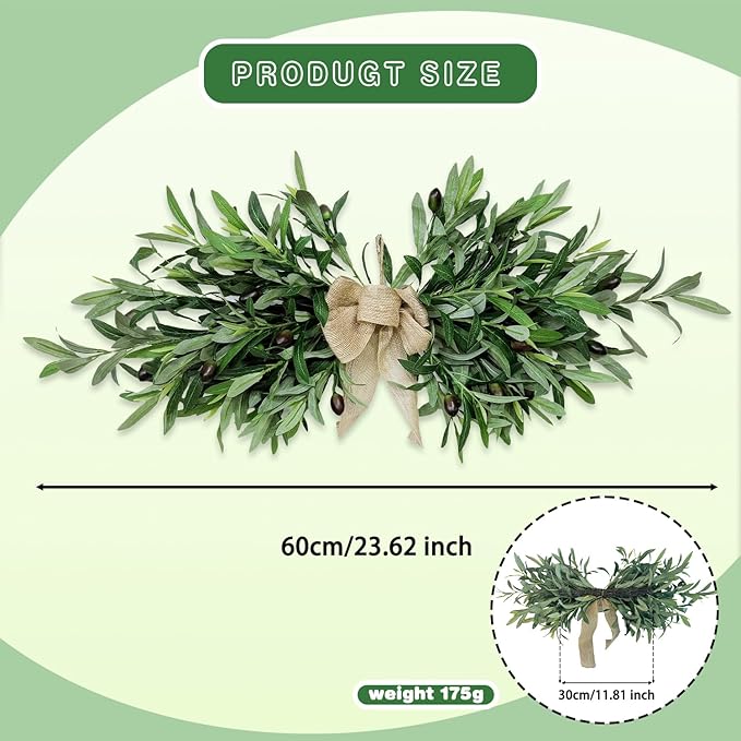 24" Floral Swag, Greenery Swag, Artificial Olive Flower Swag, Spring Floral Swag with Green Leaves Olive Fruit, for Wedding Arch Party Wall Home Garden Decor(1PCS)