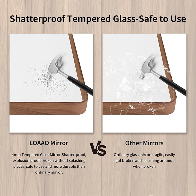 LOAAO 60X28 Inch Bathroom Mirror with Wood Grain Colored Metal Frame, Rounded Rectangle Metal Framed Bathroom Mirror, Anti-Rust, Hangs Horizontally or Vertically, Tempered Glass