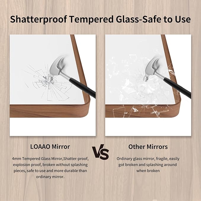 LOAAO 40X36 Inch Bathroom Mirror with Wood Grain Colored Metal Frame, Rounded Rectangle Metal Framed Bathroom Mirror, Anti-Rust, Hangs Horizontally or Vertically, Tempered Glass