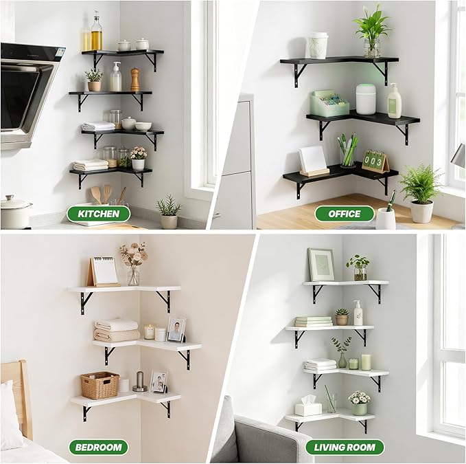 NATURE'S SOURCE Corner Floating Shelves, Corner Shelf Wall Mounted, Shelves for Room Wall, Home Decor Living Room Bedroom Office Kitchen Bathroom- Gothic Style (Black, Set of 3)