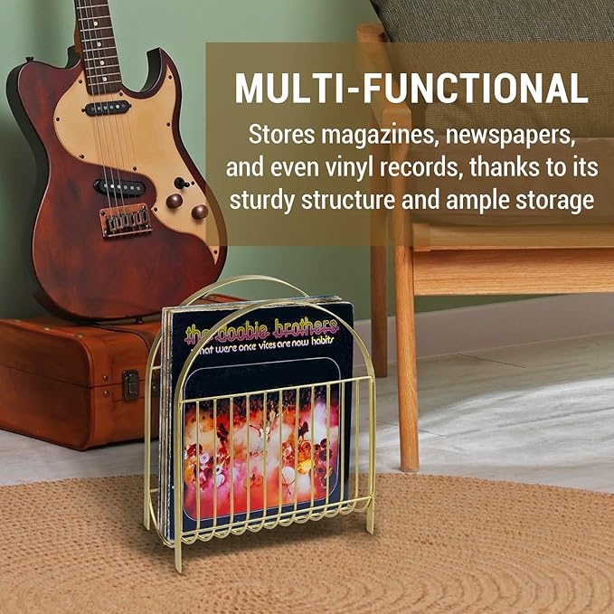MyGift Deluxe Mid Century Brass Tone Metal Wire Magazine Holder Rack, Table or Floor Display Newspaper Stand Storage Sling for Magazines and Vinyl Record Albums