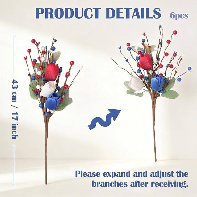Idyllic 6 Pcs Patriotic Floral Stems with Sage Lamb's Ear, Red White Blue Berries & Tulips | 4th of July Memorial Day Wreath Decor