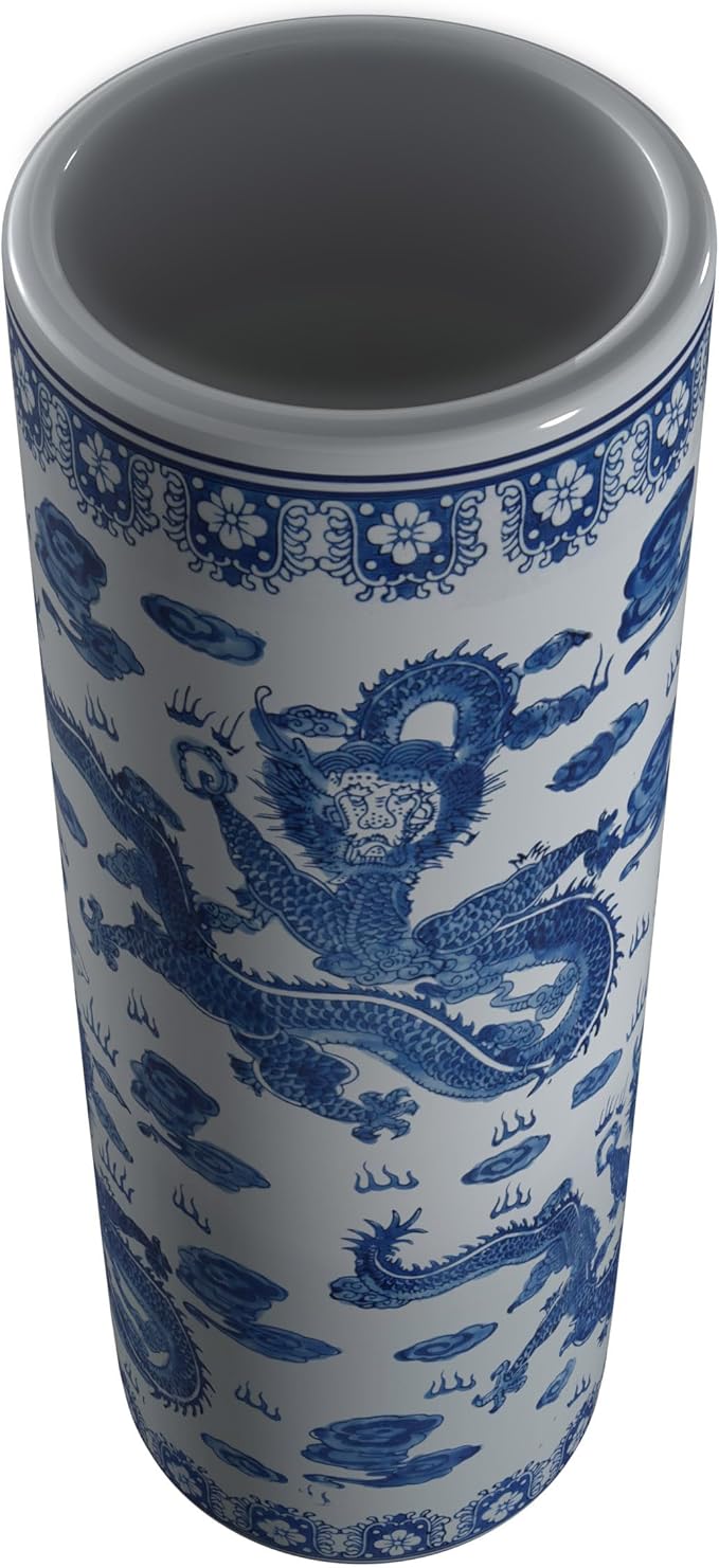 Red Lantern 24" Dragon Blue & White Porcelain Umbrella Stand for Indoor/Outdoor Use in Garden Entryway Living Room Boho Eclectic Modern Contemporary Classic Traditional Style Decor