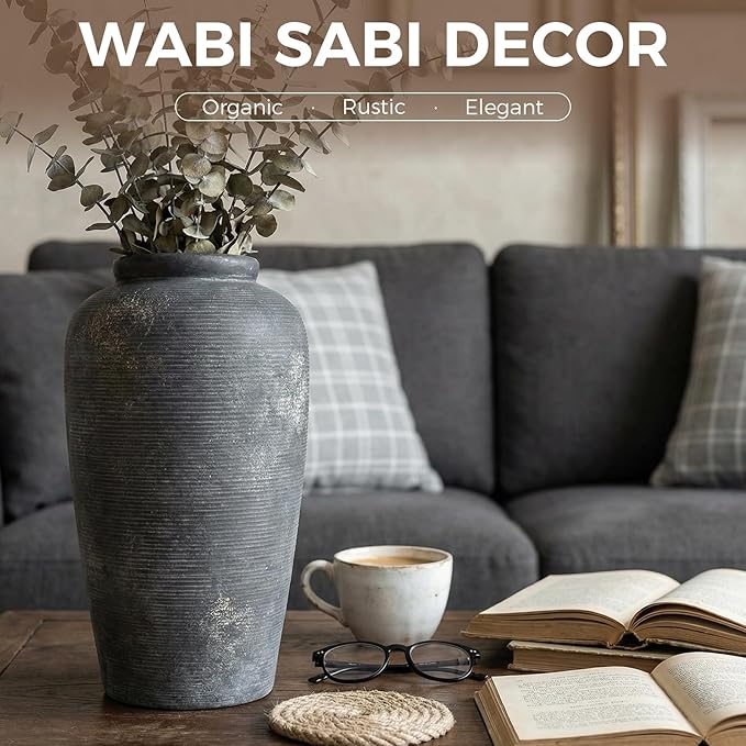 Rustic Distressed Ceramic Threaded Vase, 11"H Handmade Wabi Sabi Decor Vase (Deep Charcoal with Light Gray Weathering and Wheat Beige Patches) for Living Room Table Centerpieces, Entryway & Fireplace