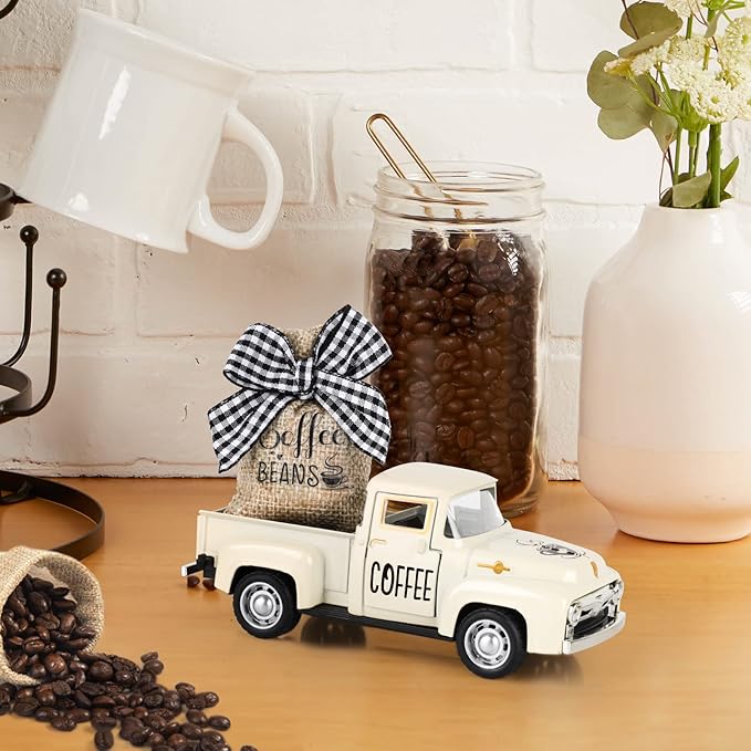 Coffee Decor for Coffee Bar Metal Truck with Coffee Beans Burlap Sack Vintage Pickup Mini Diecast Truck for Farmhouse Coffee Station Home Coffee Bar Tabletop Decorations