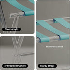 Sumerflos Acrylic Luggage Rack for Guest Room - Foldable Suitcase Stand with Leather Straps for Bedroom Living Room Hotel Heavy-Duty, Holds up to 50-100 lb lightweight Space Saving (Blue & Handle - 1 Pcs)