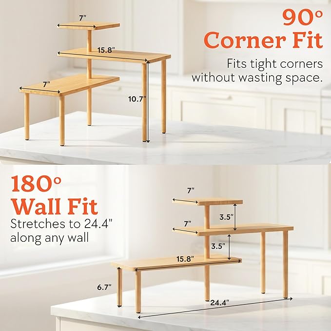 HOMESTEAD 3-Tier Bamboo Corner Shelf Organizer, 90° or 180° Layout Countertop Organizer for Kitchen, Bathroom, Coffee Bar, Spice Rack, Space Saving Storage Shelves, Adjustable Leveling Feet