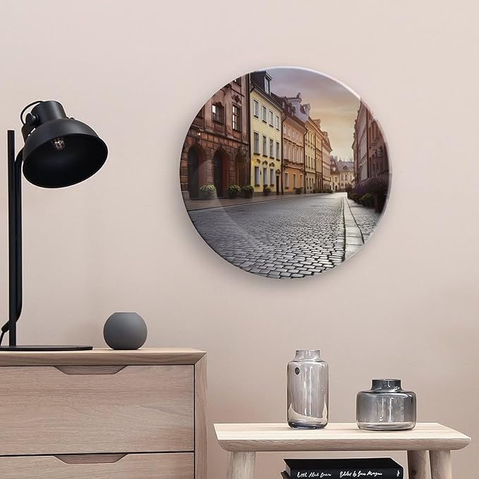 Poland's Historic Center Street Bone China Decorative Plate for Home Decor, Round Ceramic Decorative Dish with Stand Hook, Wall Hanging Ornament Plates for Office, Porcelain Plates 10inch