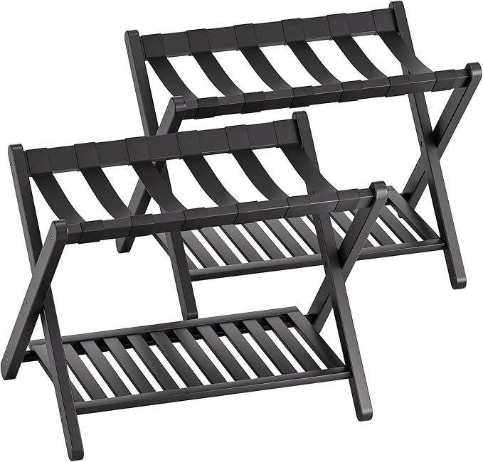 SMIBUY Luggage Rack, Set of 2, Foldable Bamboo Suitcase Stand with Storage Shelf for Guest Room, Bedroom, Hotel, Heavy-Duty (Black)