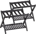 SMIBUY Luggage Rack, Set of 2, Foldable Bamboo Suitcase Stand with Storage Shelf for Guest Room, Bedroom, Hotel, Heavy-Duty (Black)