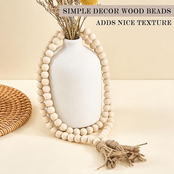Farmhouse Decor, 59in Wooden Beads Garland with Tassels, Rustic Farmhouse Prayer Boho Beads for Coffee Table Wall Country Decor
