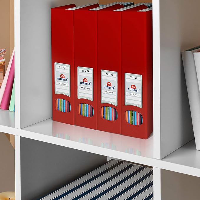 Acrimet Magazine File Holder Bin Storage, Vertical Rack for Documents, Folders and Mail, Durable Plastic Desk Organizer for Office & Home (Solid Red Color) (2 Pack)