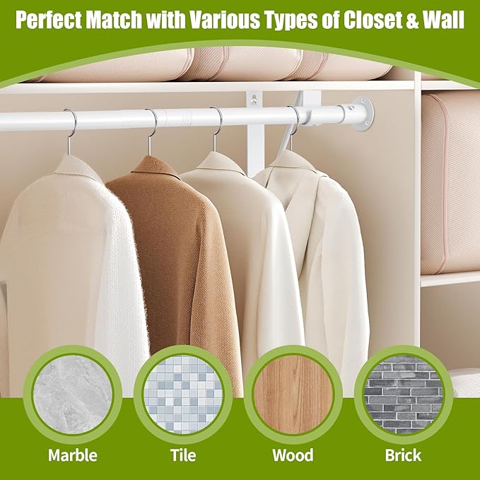 Closet Rod, 16 to 75 Inch Clothes Rods Heavy Duty Adjustable Clothes Rods for Hanging Clothes and Heavy Duty Clothes Rod Bracket Closet Rod Support (White)